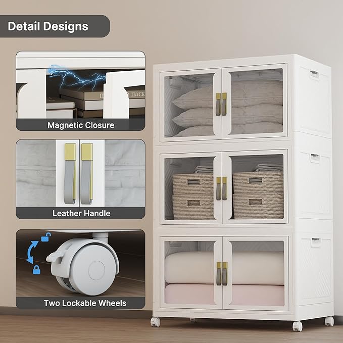 UAMFURI Stackable Storage Bins with Lids, Clear Doors, Large Storage Cabinet Foldable Collapsible Closet Organizers for Bedroom Dorm Office (3, White, 160, Quarts)