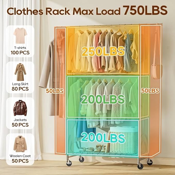 TigerParty Heavy Duty Clothes Rack for Hanging Clothes, Adjustable 2-Tier Rods Garment Rack with 750LBS Load Capacity, Freestanding Clothing Rack with Wheels & Bottom Storage Shelf