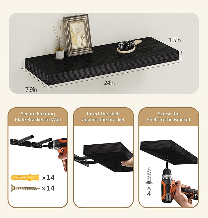 Vervida® 3 Pack Black Floating Shelves,24" W x 7.9" D x 1.5" H, Holds Up to 37 Lbs, Ideal for Living Room, Bedroom, Bathroom, Kitchen, Office, Storage, Display, with Invisible Brackets Wall Shelves