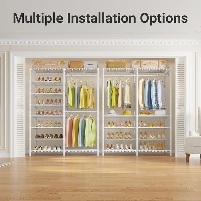 VIPEK S2 Heavy Duty Clothes Rack with Shoe Shelves Freestanding Clothing Rack with 8-Tier Shoe Rack, Double Hanging Rod, Adjustable Shelf, Walk in Closet Organizer Garment Rack, White