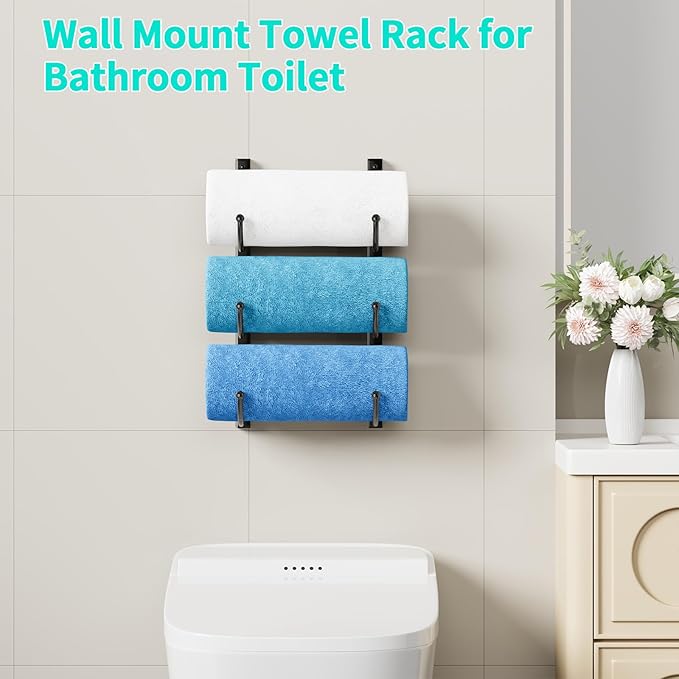 HapiRm Rolled Towel Racks for Bathroom - 3-Tier Over The Door & Wall Mounted Bathroom Towel Storage, Hanging Metal Organizer for Towels & Bath Sheets, Space Saving Rack for Bathroom, Camper, RV, Black