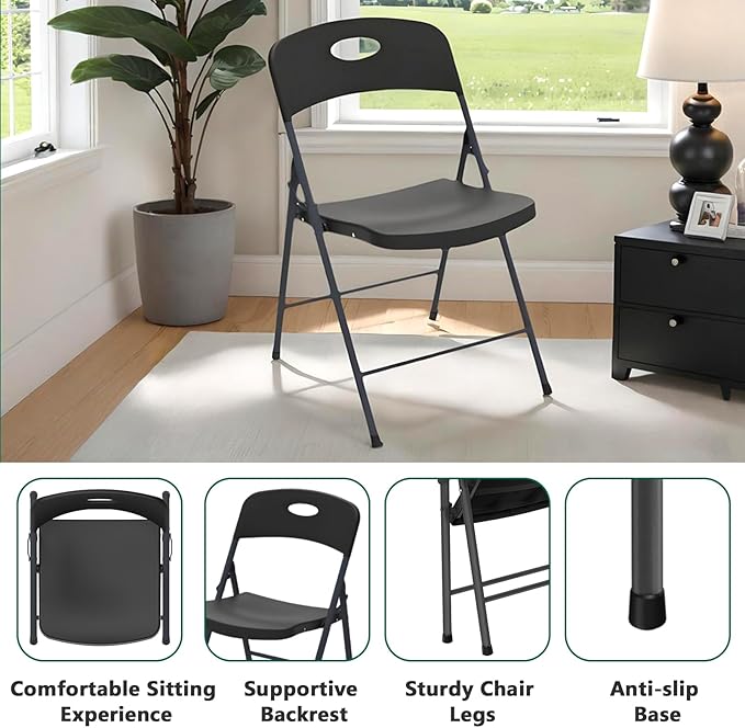 8 Pack Black Folding Chair, Plastic Portable Stackable Commercial Seats with Steel Frame 350lb, Heavy Duty Foldable Chair for Indoor and Outdoor, Patio, Office, Picnic, Kitchen, Events