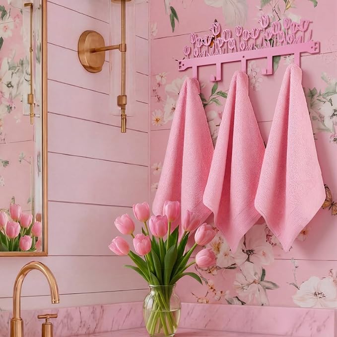 AceOrbit Pink Tulip Over The Door Hooks Wall Mount Towel Hanger Cute Door Holder Rack with 5 Hooks Hanging Towel, Coat Keys, Bags, Hats, Clothes for Bedroom Bathroom Kitchen Dorm Room Organizer