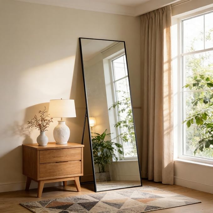 NEWBULIG 59"x16" Full Length Mirror, Full Body Floor Mirror with Aluminum Alloy Thin Frame, Wall or Standing Mirror for Bedroom, Living Room, Dressing Room, Black-Rect