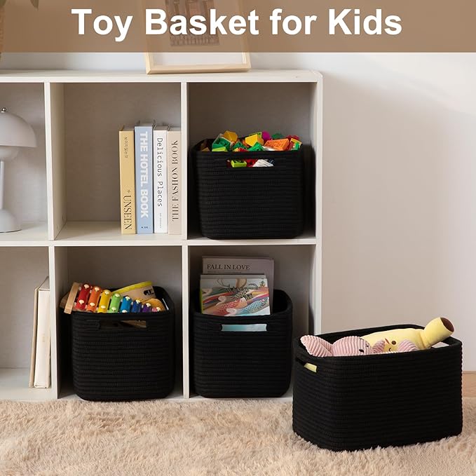 OIASKET Storage Baskets for Organizing, Woven Decorative Baskets for Shelves - Books, Towels, and Clothes, Cotton Rope Toy Storage Bins, 12.7''Lx9''Wx7.8''H, Pack of 4, Black