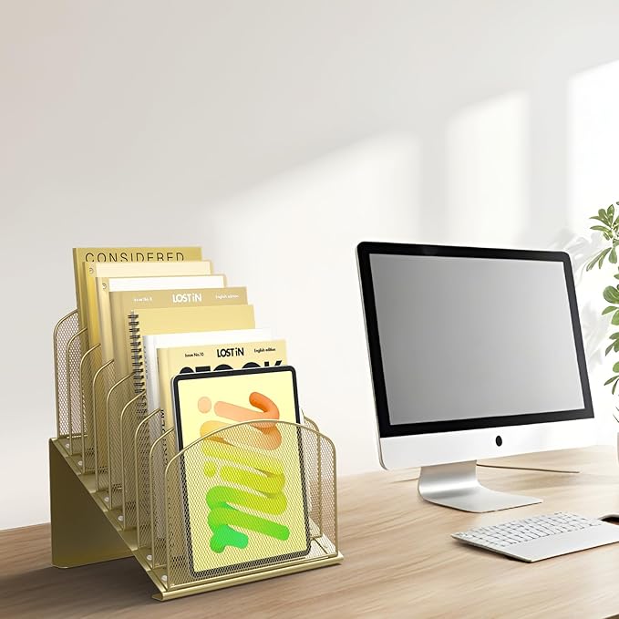 Inclined Desk File Organizer Metal Desk Magazine Folder Holder with 8-Section Vertical Compartments Rack File Organizer for Office, Home, School, Gold