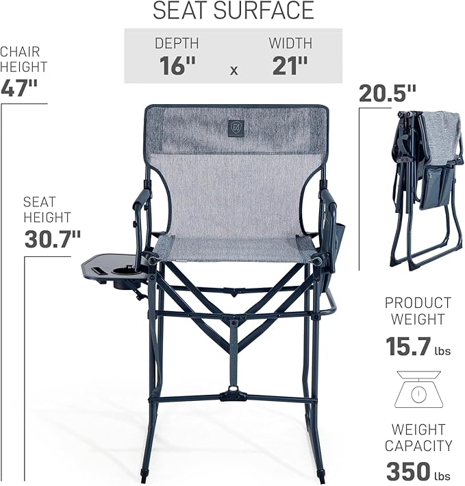 EVER ADVANCED Portable 30.7" Seat Height Tall Folding Camping Chair Directors Chair High Foldable Bar Stool with Side Table for Makeup Artist, Sports Event, Craft Show, Stretch Mesh, Supports 350LBS