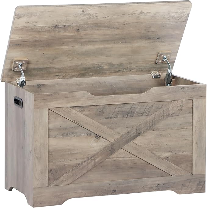 Timberer Storage Chest, Wooden Storage Bench, Entryway Shoes Bench with 2 Safety Hinges, Retro Storage Trunk for Living Room,Bedroom, 15.7 x 31.5 x 18.9 Inches, Grey