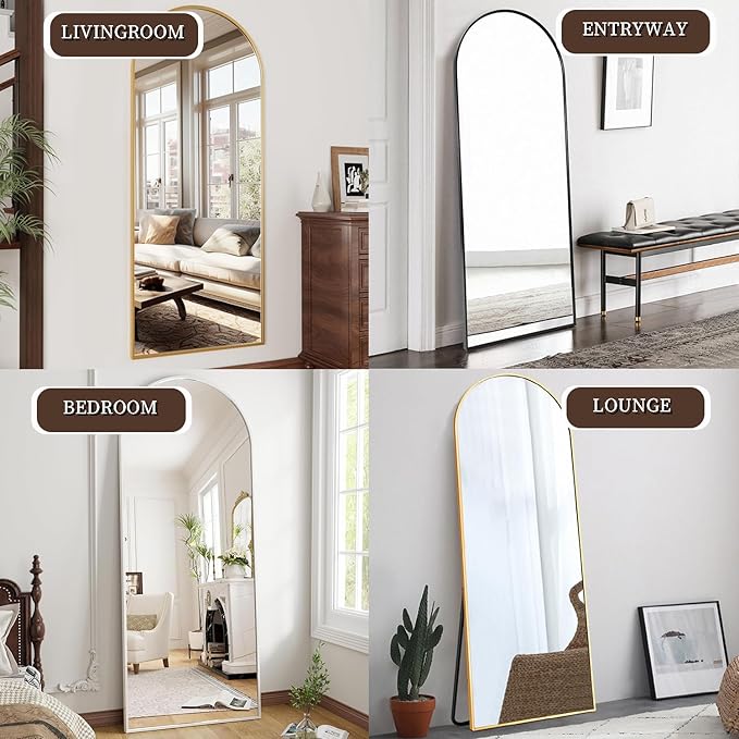 OGCAU Floor Mirror Full Length, 56"x20" Arched-Top Full Body Mirror, Hanging or Leaning, Standing, Wall Mirror with Aluminum Frame for Bedroom Living Room, Gold