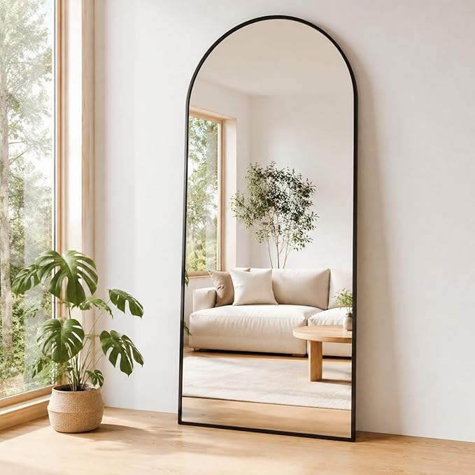 Antok Full Length Floor Mirror Arched Standing Mirror with Aluminum Frame - Freestanding Wall Mount Leaning Body Mirror for Bedroom Living Room Entryway, 58" L x 18" W, Black