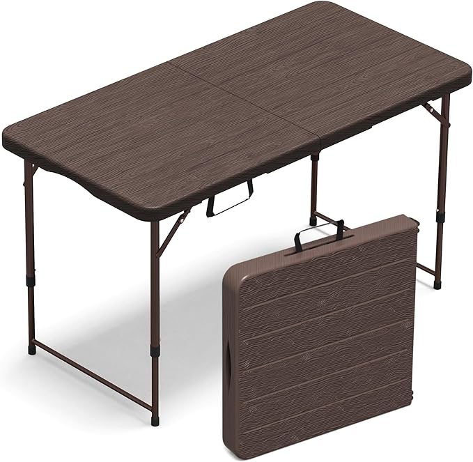 VSOAEIL Folding Table 4 Foot for Indoor Outdoor, Portable Heavy Duty Fold-in-Half Utility Small Plastic Adjustable Height Folding with Carrying Handle for Picnic Camping and Party, Brown