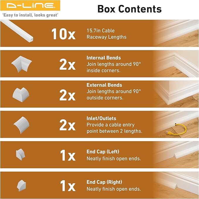 D-Line 157in White Corner Cable Concealer Multipack, Floor Wire Hider, Quarter Round Cord Cover, Organize Cords in Corners, Floor Molding - 10x 15.7in Lengths & Accessories