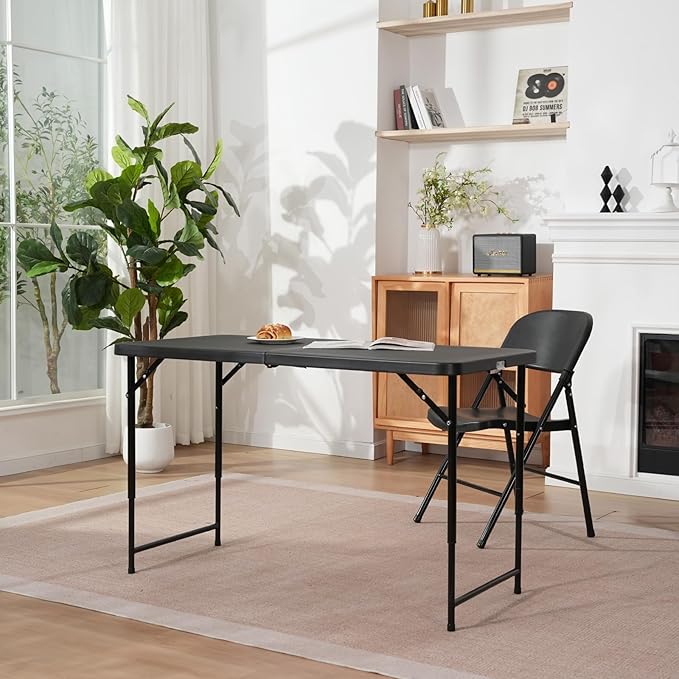 4ft Folding Table with Adjustable Height, 2-Level Foldable Table with HDPE Top & Steel Legs, Portable 4 Foot Folding Table for Picnic, Party, Craft, Indoor Outdoor Use, Black
