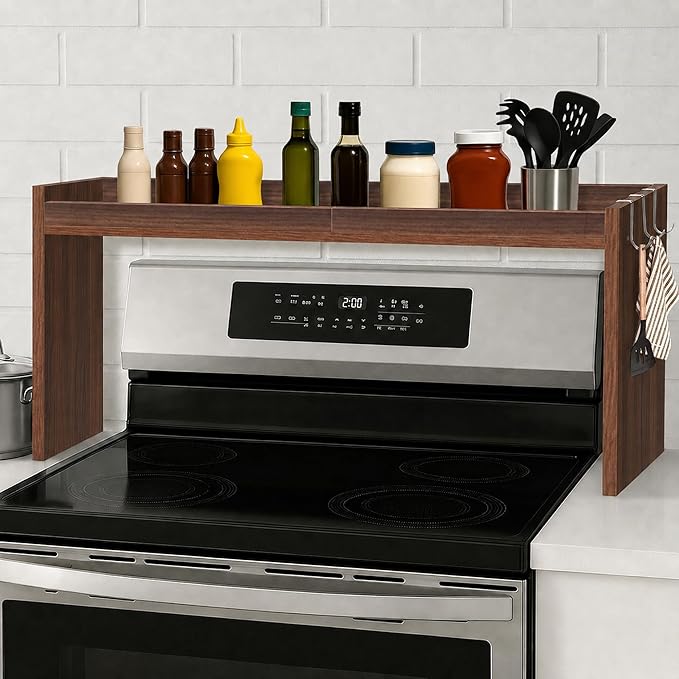 Over the Stove Shelf, Wood Stove Top Shelf, 31.5" Stove Top Organizer Shelves with 6 Hooks,11.5" Height Over Stove Spice Rack for Kitchen, Walnut