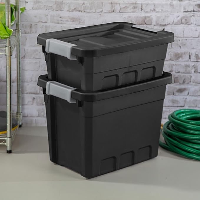 Sterilite 6-Pack Stacker Tote, Stackable Plastic Storage Bins with Lids, 4 Gallon, Black - Small Organizer Bin Containers for Bed, Garage, Office, Kitchen, and Classroom Organization