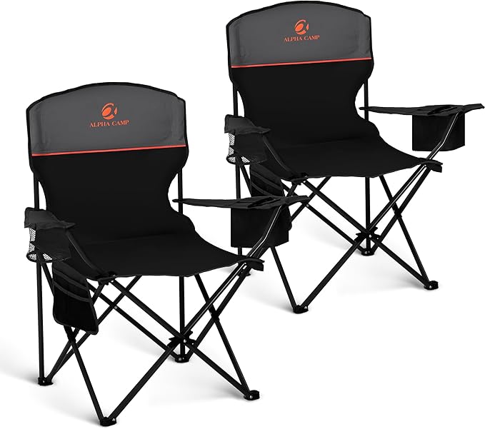 LET'S CAMP Camping Chair 2 Pack Folding Chair with 4-Can Cooler Bag Portable Lawn Chair with Cup Holder,Storage Pocket, Supports 250LBS, Collapsible Chair for Camp, Beach, Picnic (Black)