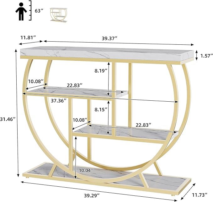 Garvee Entryway Table with Storage, Industrial 4-Tier Narrow Console Table Behind Couch with Half-Circle Base & Storage Shelves for Living Room, Hallway, Foyer
