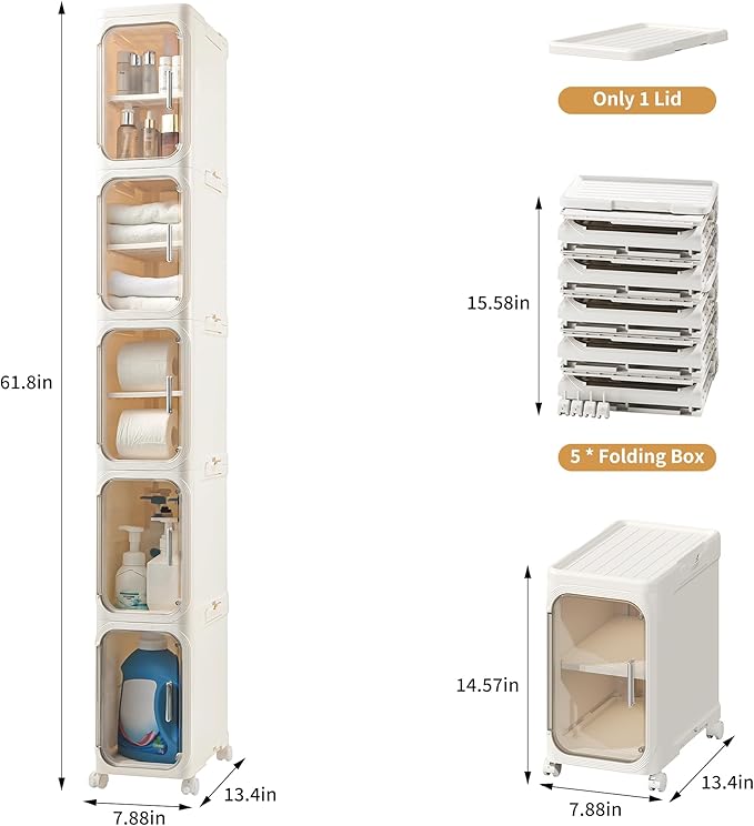 5-Tier Tall Narrow Storage Cabinet, Slim Bathroom Storage Cabinet with Adjustable Shelves and Wheels, Narrow Organizer for Small Space, Bathroom, Kitchen, Laundry, Cream White
