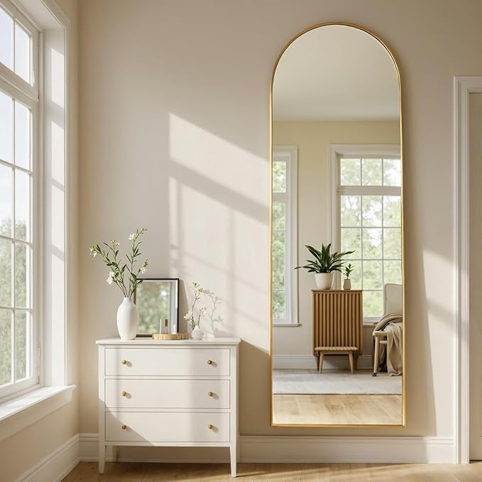 MISSDAY Arched Full Length Mirror, 64"x21" Full Body Mirror with Stand, Floor Mirror Long Free Standing, Leaning or Hanging, Aluminum Thin Frame Wall-Mounted Mirrors Wall Mirrors for Bedroom, Gold