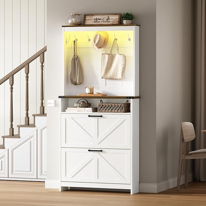 Farmhouse Shoe Cabinet with Coat Rack, Tall Shoe Cabinet with 2 Flip Drawers, Narrow Hidden Shoe Storage Cabinet, 2 in 1 Hall Tree Slim Freestanding Shoe Rack Organizer for Entryway, LED Light, White