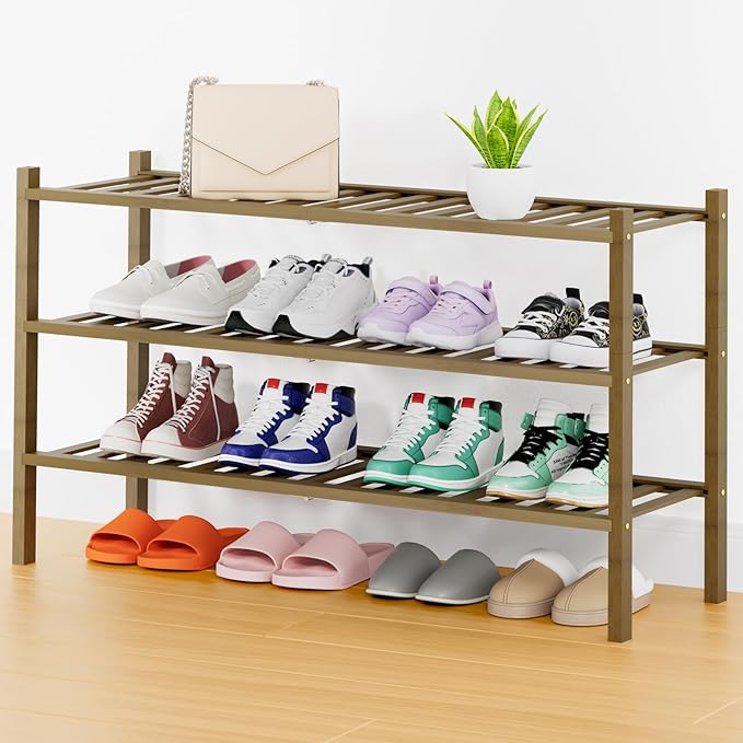 Smiry Long Bamboo Shoe Rack, 3 Tier Free Standing Wooden Shoe Organizer, Stackable Wood Shoe Storage Shelf for Closet, Entryway, 14 Vertical Slats, 2+1 Stack Heavy-Duty Legs, 33.7"x11"x19.5", Walnut