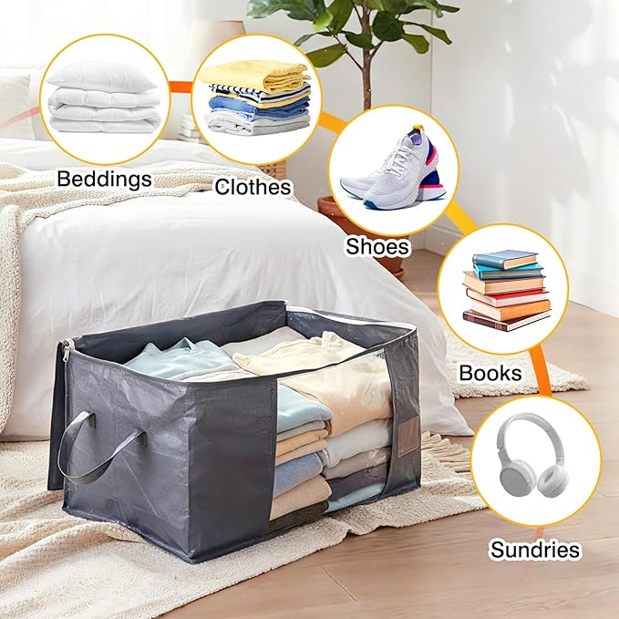 YGEOMER Blanket Storage Bags Clothes Organizers Closet Containers with Reinforced Handle for Clothing, Comforters, Bed Sheets, Pillows and Toys, Grey 60L 6 Pack