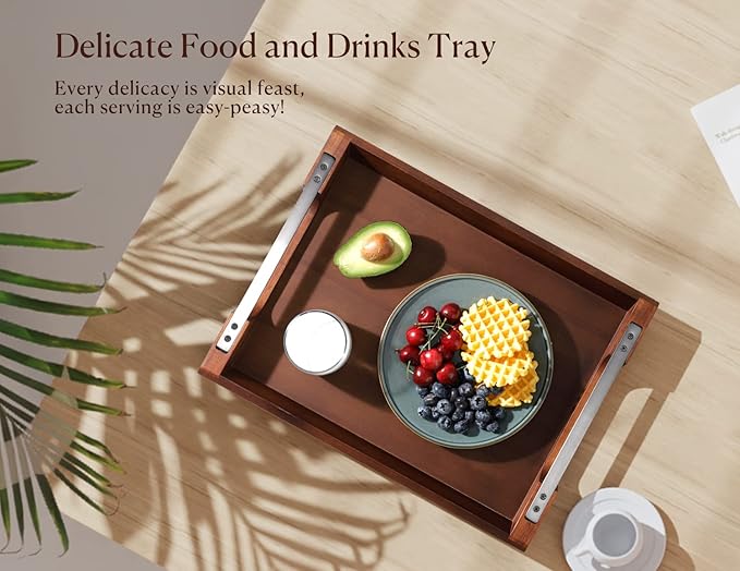 Acacia Wood Serving Tray with Metal Handles, 17x13in Food Drinks Tray for Coffee Table, Breakfast, Dinner & Bar, Rustic Decorative Storage Tray for Ottoman, Kitchen, Elegent Gift for Mom