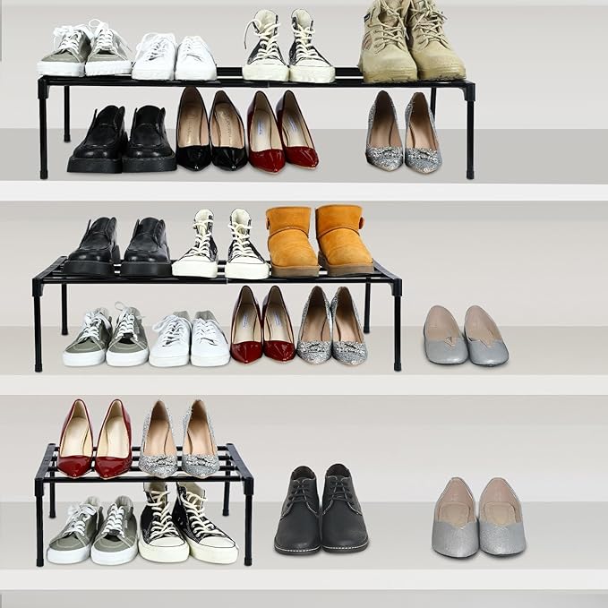 Teenyyou 2 Pcs Expandable Shoe Rack 17 ''-30 '' Adjustable Shoe Shelf Metal 1 Tier Rack Black Stackable Organizer for Cabinet Entryway Closet Doorway Front Door Small Space Dorm Room Storage