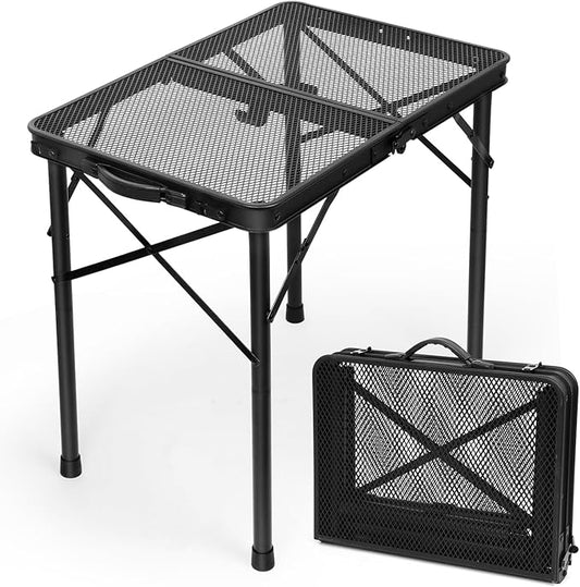 2Ft Small Folding Table with Carry Handle, Camping Table Adjustable Height 10.6–22 in, Black Metal Mesh, Portable & Compact for Outdoor/Indoor,Grill Table, 23.6×15.8 in, 4 lb, 66 lb Capacity