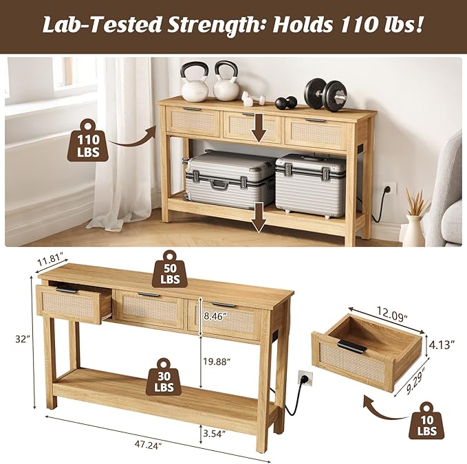 Luoxiao Natural Entryway Table with Power Outlets & USB-C, Boho Rattan Console Sofa Table with 3 Drawers, Narrow Sofa Table Behind Couch, Foyer Hallway Storage Table with Shelf, Anti-Tip, 47 Inch