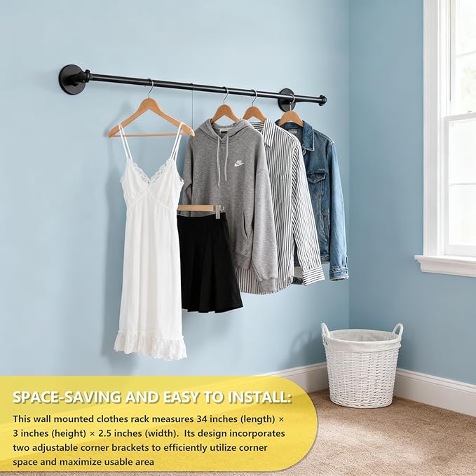 2 Pack 34 Inch Corner Garment Rod, Wardrobe Assistant Corner Angle Adjustable Wall Mounted Clothes Rack for Organizing and Displaying Everyday Attire or Seasonal Clothing