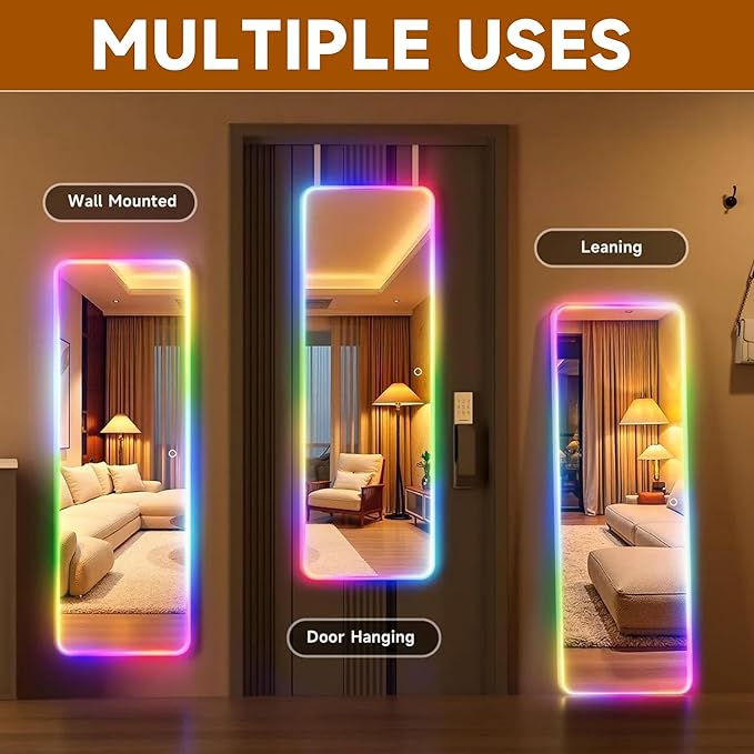Hasipu 47"x15.7" LED RGB Door Mirror Full Length, Full Body Full Length Over The Door Mirror with Lights, Door Hanging & Wall Mounted Mirror for Bedroom, Living Room, Cloakroom
