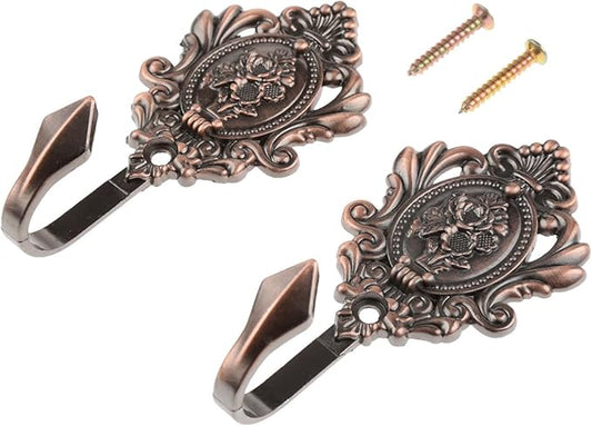 2Pcs Wall Hooks Red Copper Rose Pattern Carved Vintage Drapery Clothes Key Hook Bathroom Bedroom Multi-Function Decorative Hook with Screws