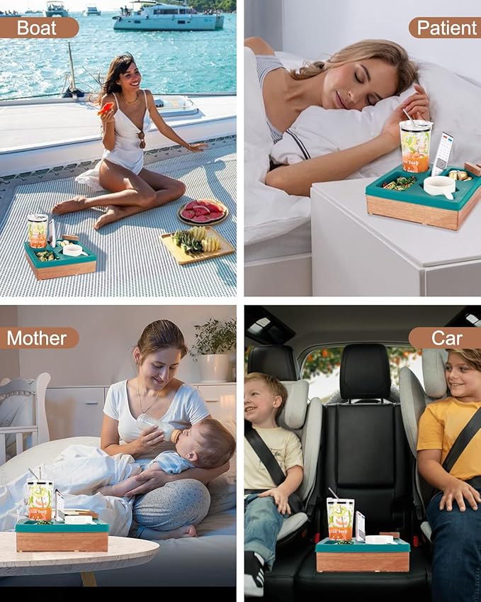 Couch Cup Holder Tray, Silicone Wooden Couch Caddy with Cup Holder for Snacks, Drinks, Remotes, Waterproof Cup Holder for Couch, Organizer, Couch Drink Holder