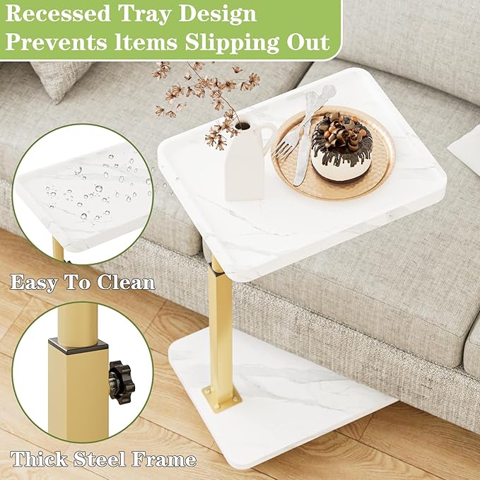 TV Tray Table, Adjustable Dinner Trays for Eating Table,360° Swivel& Sofa Armrest End Side Couch Snack Table for Sofa, Bedroom, Living Room, C Shaped End Table that Slide Under(White+Gold)