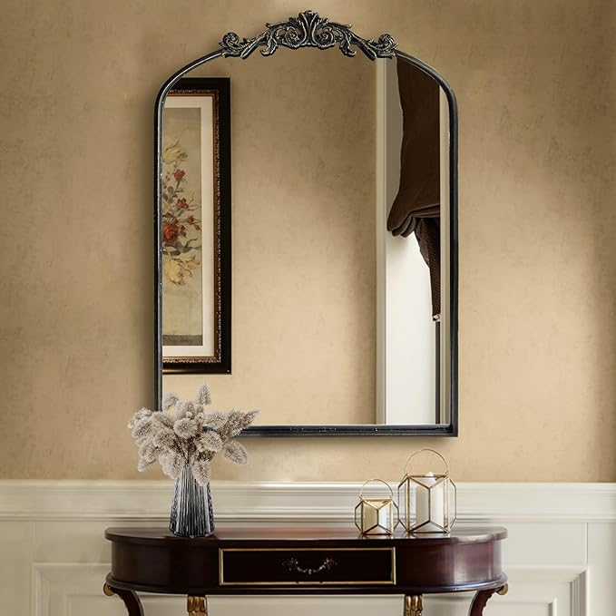 HQiJun Black Vintage Wall Mirror Window Decorative Traditional Mirrors Antique Arched Farmhouse for Living Room Bedroom Entryway Bathroom Vanity (36 * 24 * 1.2, Black)