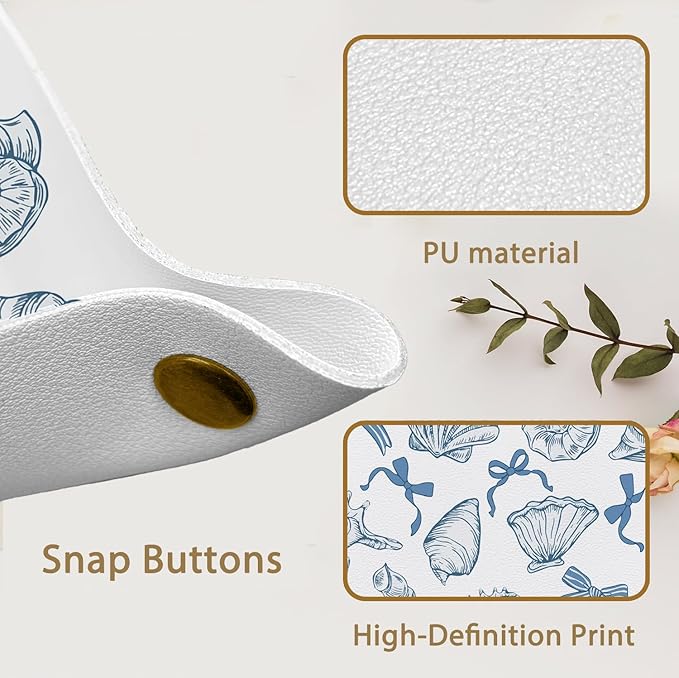 Coastal Preppy Beach Seashell Jewelry Valet Tray for Women, Beach Gifts PU Leather Catchall Beside Caddy Nightstand Organizer Tray for Jewelry Rings Watches Keys and Accessories, 7.87x7.87in