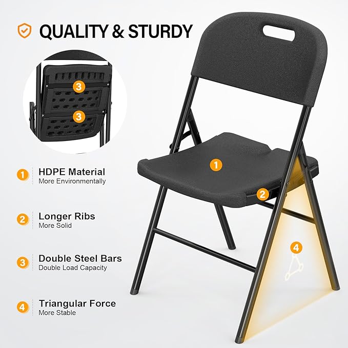 VINGLI Folding Chairs, Heavy Duty Foldable Chair Portable HDPE Plastic Seat with Steel Frame for Indoor Outdoor Dinning Party Wedding School Use, Black, 2 Pack