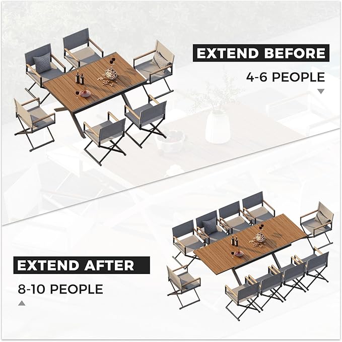 Grand patio 9-Piece Outdoor Dining Set, 8 Extra-Wide Folding Chairs & 1 Rectangle Expandable Table for 6-8 Person, Sling Mesh Patio Chairs with Wood Grain Table for Yard, Poolside, Deck, Gray