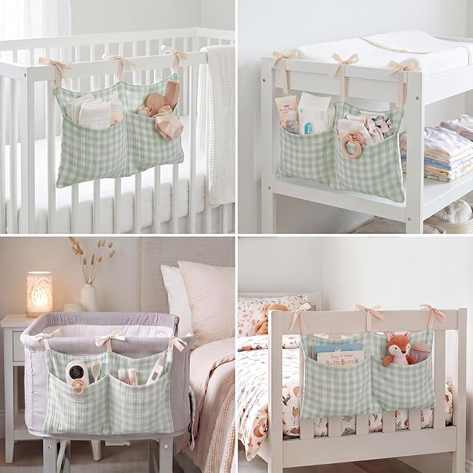 Gingham Crib Organizer Hanging Cotton Baby Bedside Hanging Storage Bag Storage Crib Organizer Baby Nappy(Green)