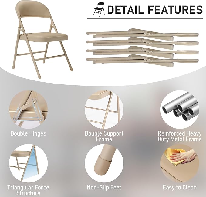 24 Pack Khaki Folding Chairs with Padded Cushion and Back for Outside Portable Stackable Commercial Foldable Chairs with Steel Frame for Events Office Wedding Party, 350lbs Capacity