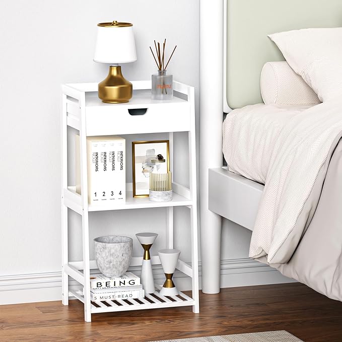 POXAKA 3 Tier Bamboo Bathroom Shelves with Drawer, Ladder Shelf for Bathroom Storage, Space-Saving Design, Stylish Display Nightstand, Stylish Storage Solution for Home, Living Room, Kitchen, Office