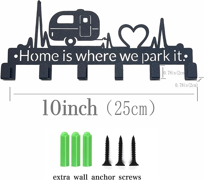 Key Holder Wall Mount with 6 Hooks, Happy Camper Key Rack Organizer for Entryway, Kitchen, Office - Rustproof, Waterproof - Easy Installation, Gift for New Homeowners - 9.8inch/25cm