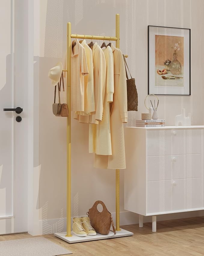 Large Metal Coat Rack Freestanding, Modern Coat Hanger Stand with 2 Hooks and Heavy Rock Slab Base, Industrial Clothes Rack, Garment Rack, 19.7 x 11.8 x 68.9 In, Golden Yellow, GYJ202MWJ