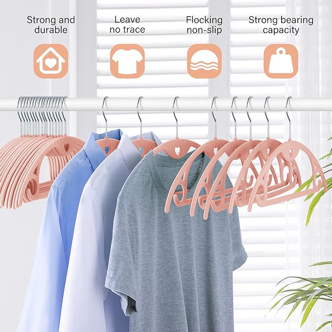 Velvet Hangers 50 Pack: Felt Clothes Hangers Heavy Duty Shirt Sweater Hangers No Shoulder Bump Non Slip Slim Thin Coat Hangers for Closet - Pink