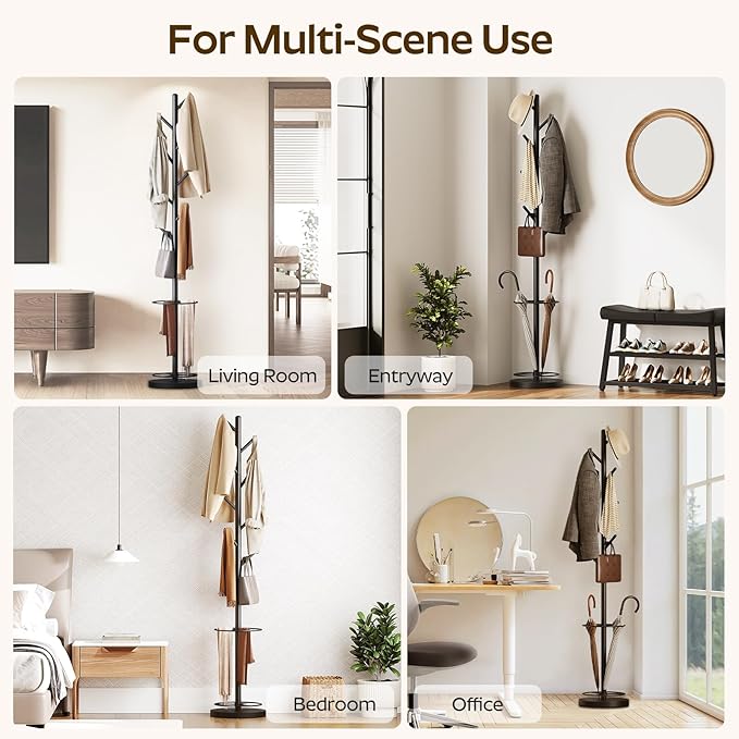YATINEY Coat Rack Freestanding with Umbrella Holder, Coat Rack Stand with 8 Hooks, Heavy Duty Coat Tree for Entryway, Modern Clothing Rack, Metal Coat Hanger Stand for Bedroom, Office, Black YM03BB