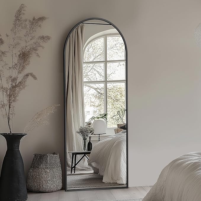 Full Length Mirror with Stand, 56"x14" Arched Full Body Mirror, Large Stand Up Aluminum Frame Floor Freestanding Hanging Leaning Mounted for Bedroom Living Room Entryway Black
