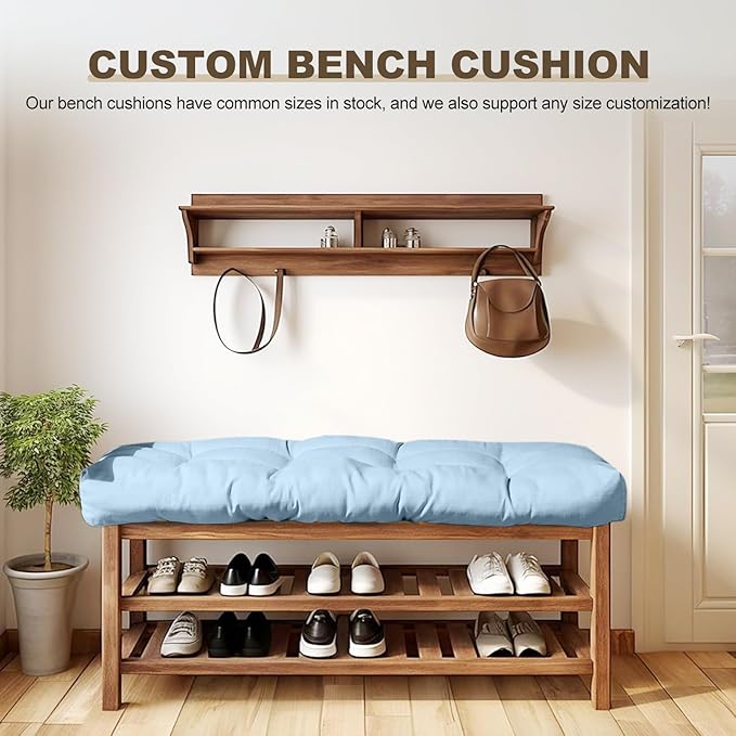 Bench Cushion 36 inches for Indoor Furniture, Premium Waterproof Linen for Outdoor Non-Slip Tufted Cushions, High-Density Memory Foam(Grey Blue-36x14x4in)