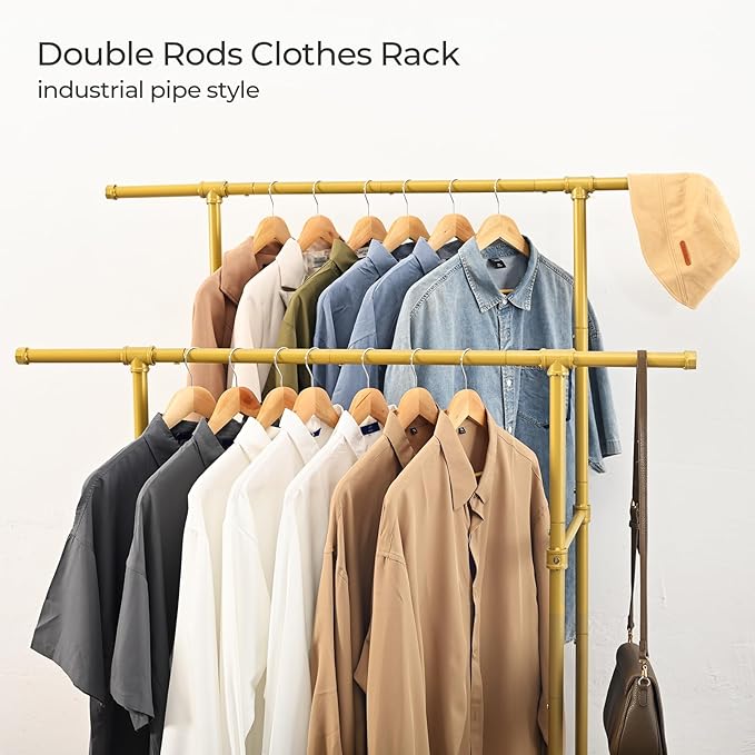 FOUCSSOMEI Heavy Duty Clothes Rack, Rolling Clothing Rack, Garment Rack with Wheels, Double Rod, Max 400Lbs, Gold