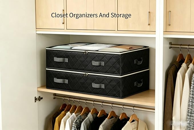 4 Pack Under Bed Storage, Closet Organizers and Storage Containers with Clear Window Foldable Underbed Storage Bags for Clothes,Shoes, Blankets Pillows, Linen Sheets, Black